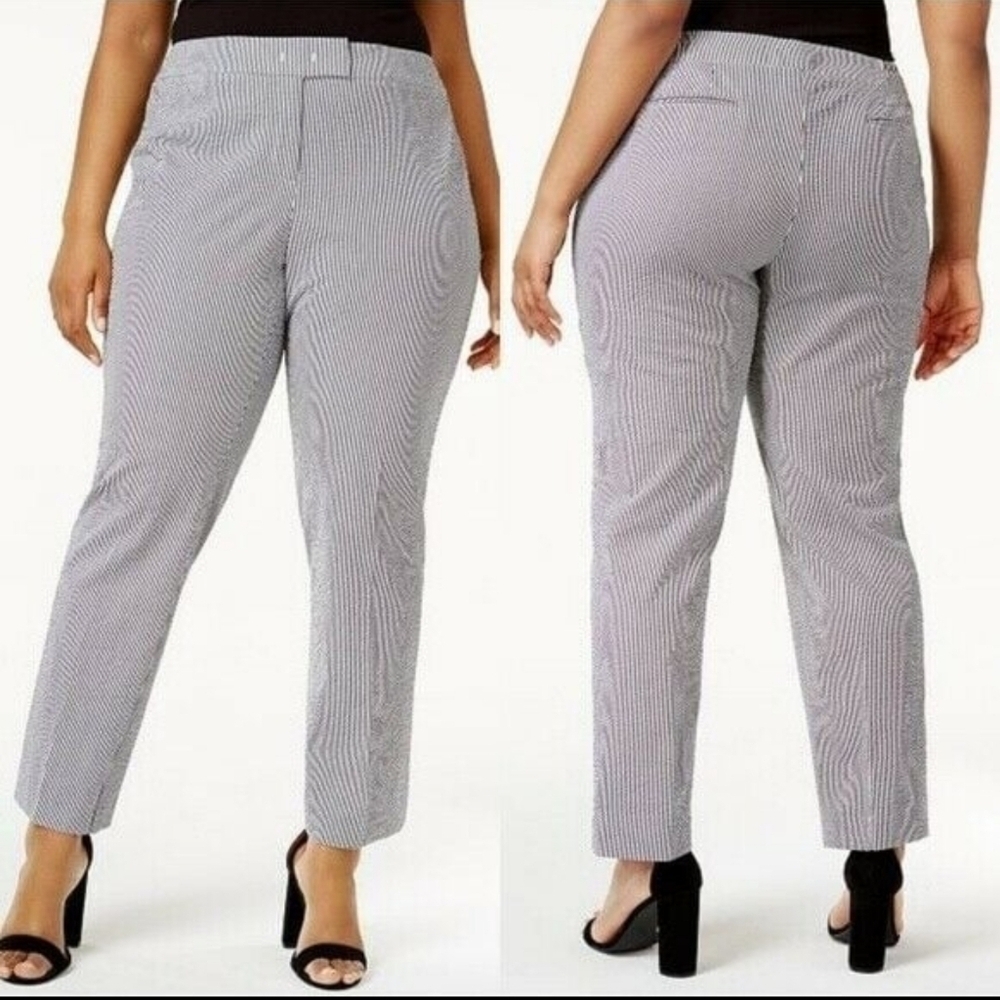 Anne Klein Poplin Seersucker Striped Navy White Ankle Stretch Pants